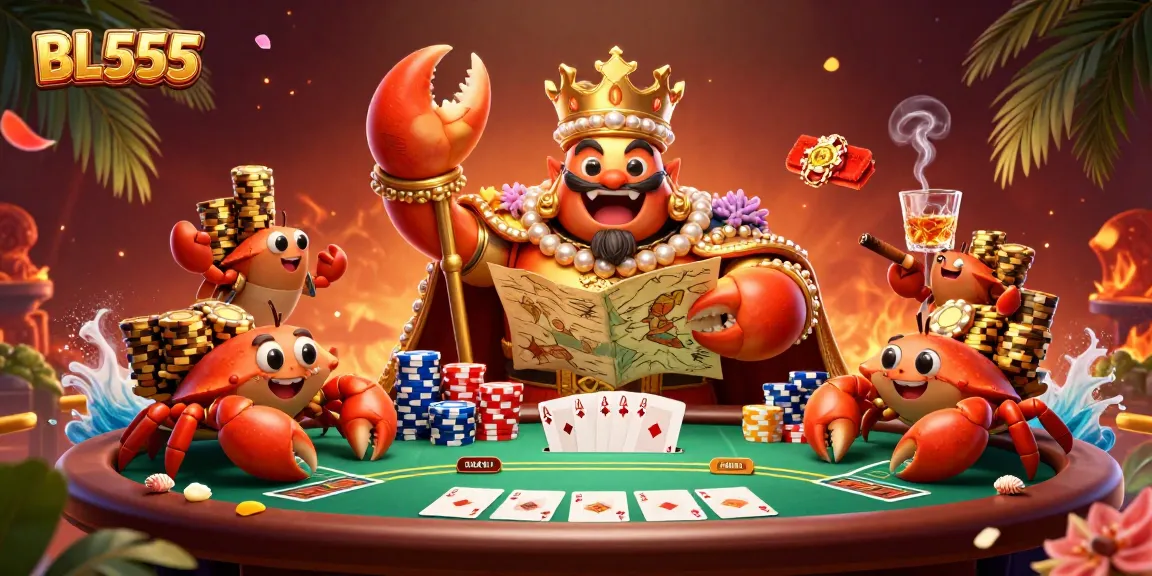 Engage with the vibrant BL555 gaming scene featuring a golden crab emperor and poker elements.