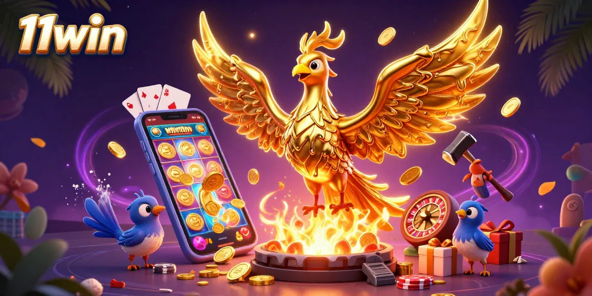 Experience thrilling 11win slots with dynamic golden phoenix and casino elements in a vibrant scene.
