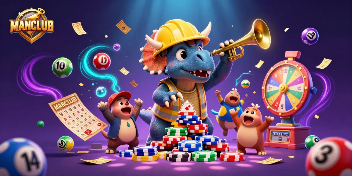 Experience the excitement of MANCLUB with colorful lottery balls and dynamic casino scenes.