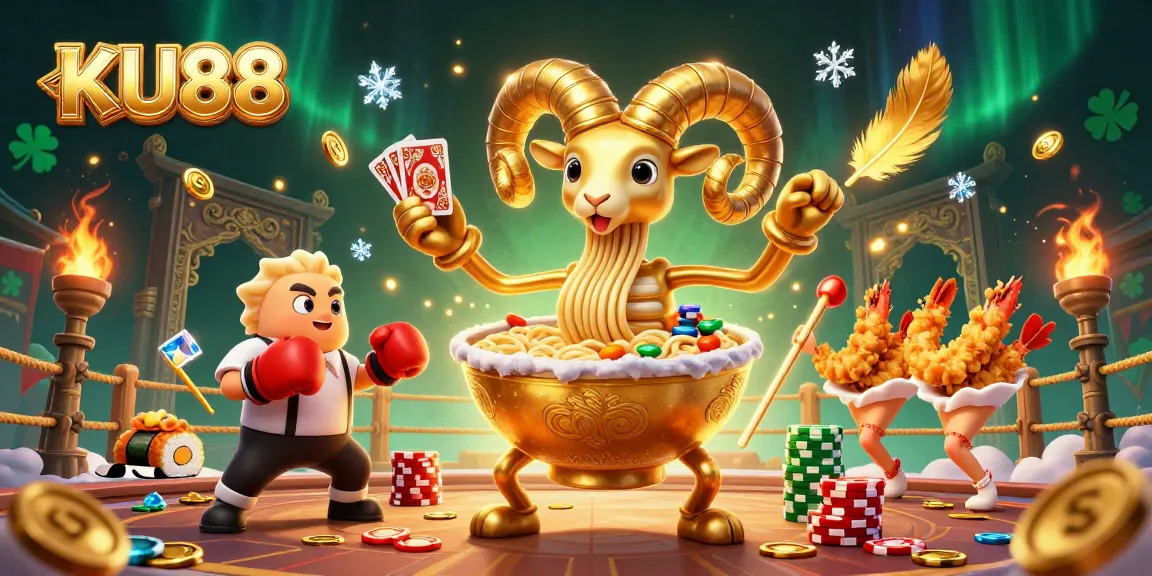 KU88 engages players in a vibrant online casino scene featuring animated culinary characters.