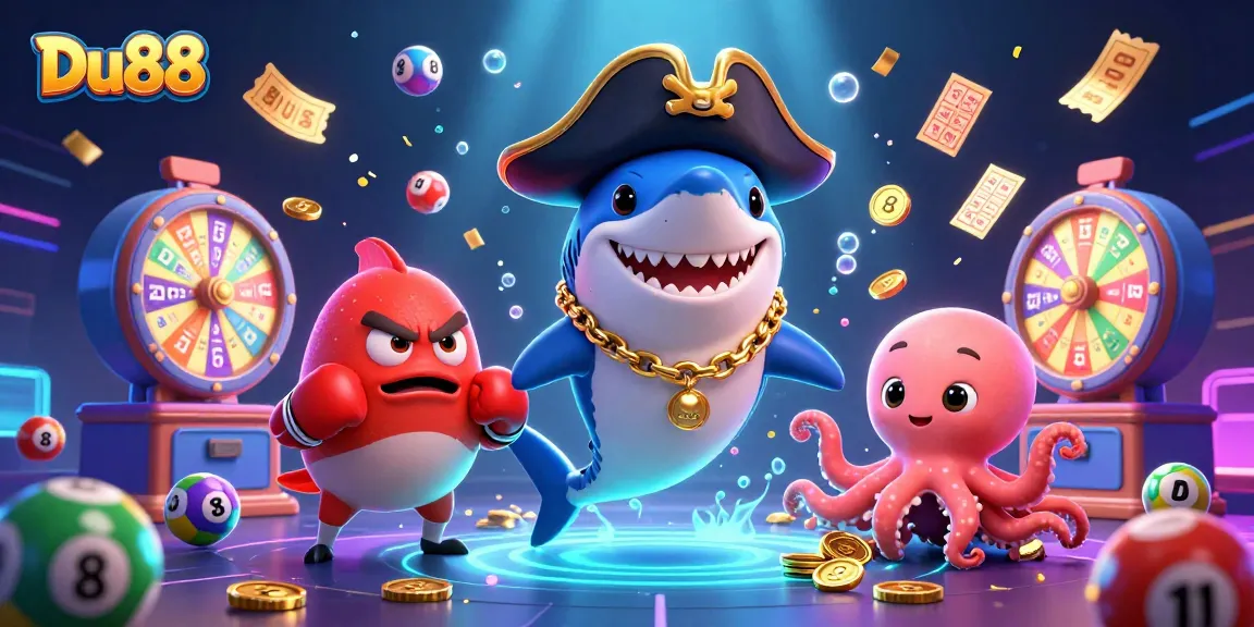Play exciting lottery games with Du88 as a colorful pirate shark celebrates wins.