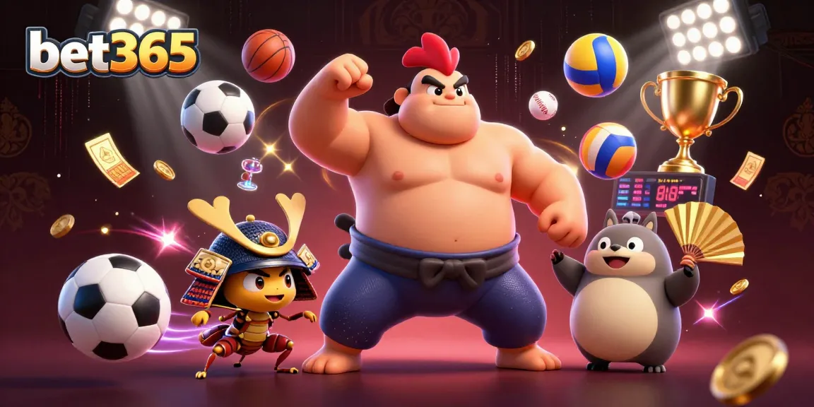 Experience engaging sports betting action with Bet365 in a vibrant, 3D animated scene filled with dynamic elements.