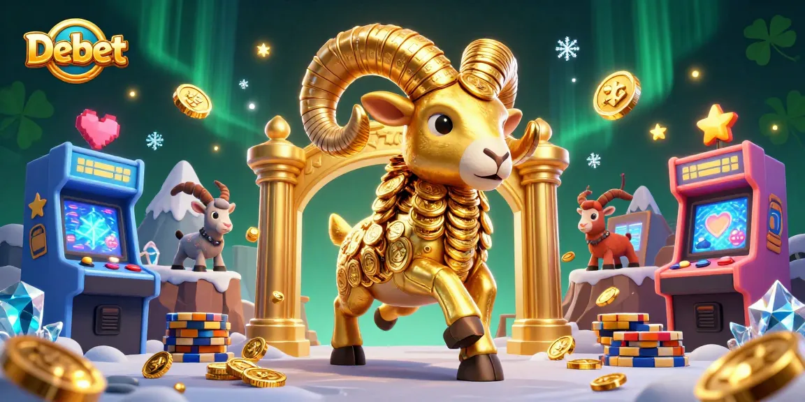 Engage with Debet through this vibrant 3D casino scene featuring a golden ram charging at jackpots.
