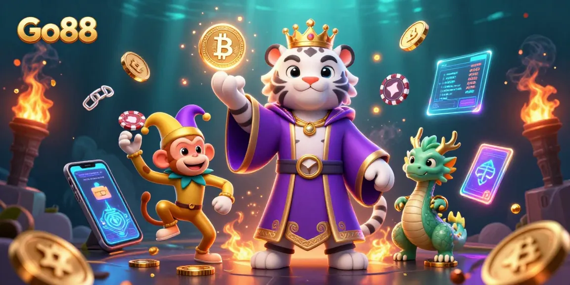 Experience Go88's vibrant gaming world with a 3D illustration of a majestic white tiger, playful monkey, and jade dragon.