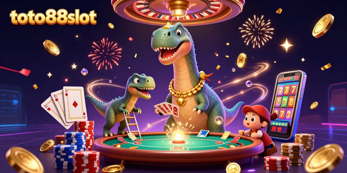 Experience thrill at toto88slot as a giant brontosaurus oversees a vibrant casino scene with dazzling slot machines and golden coins.