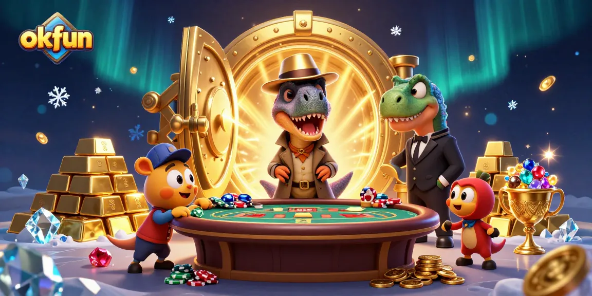 Experience okfun gaming excitement with a velociraptor counting cards in an animated casino scene.