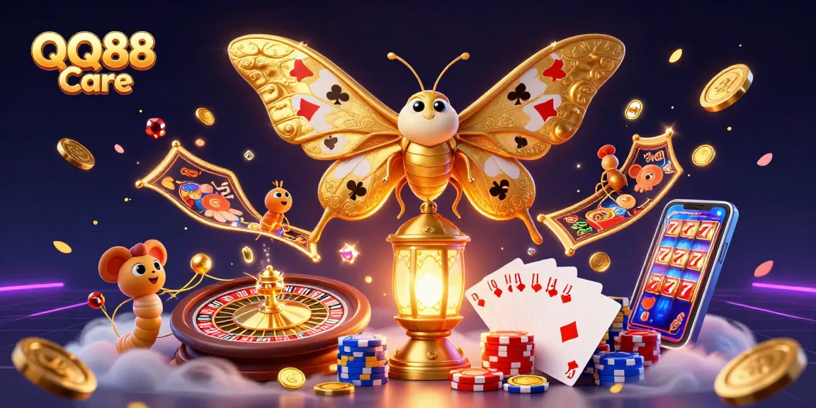 Experience thrilling gaming moments with QQ88 Care, featuring dynamic casino elements and colorful characters.