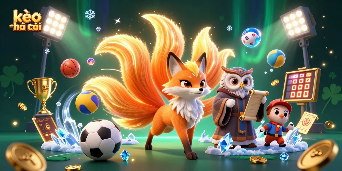 Experience kèo nhà cái excitement with a vibrant 3D illustration of a nine-tailed fox and wise owl amidst dynamic sports elements.